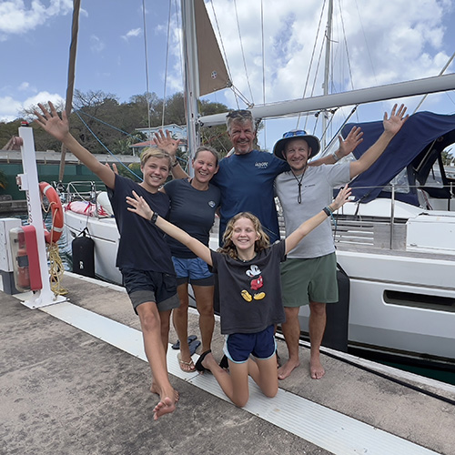 The Wennberg family and crew arriving in Grenada after sailing round the world