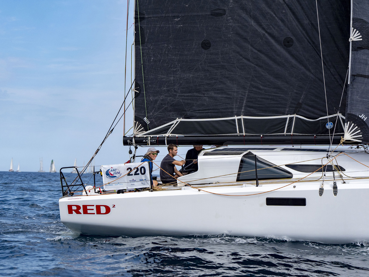 The ARC 2024 racing division yacht Red2 with carbon sails and crew concentrating