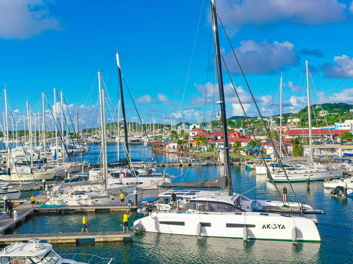 Catamaran Akoya docking in Rodney Bay Marina Saint Lucia at the end of ARC 2024