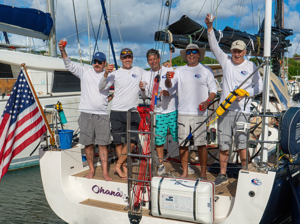 The American crew of ARC 2024 racing division yacht Ohana celebrating arriving in Saint Lucia