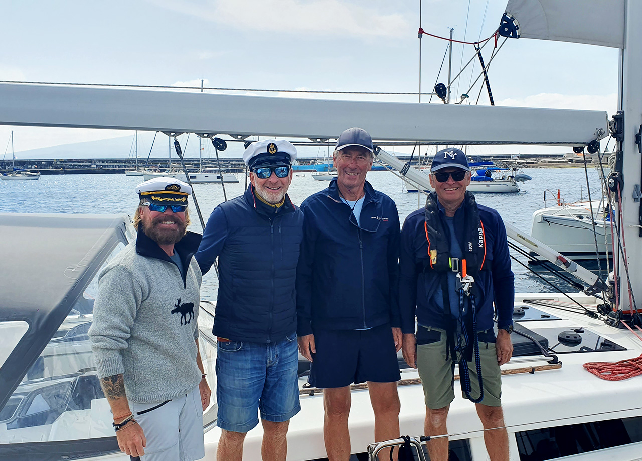 The four man crew of Norwegian yacht Stargazing pleased to arrive in Horta, Azores as part of ARC Europe 2025