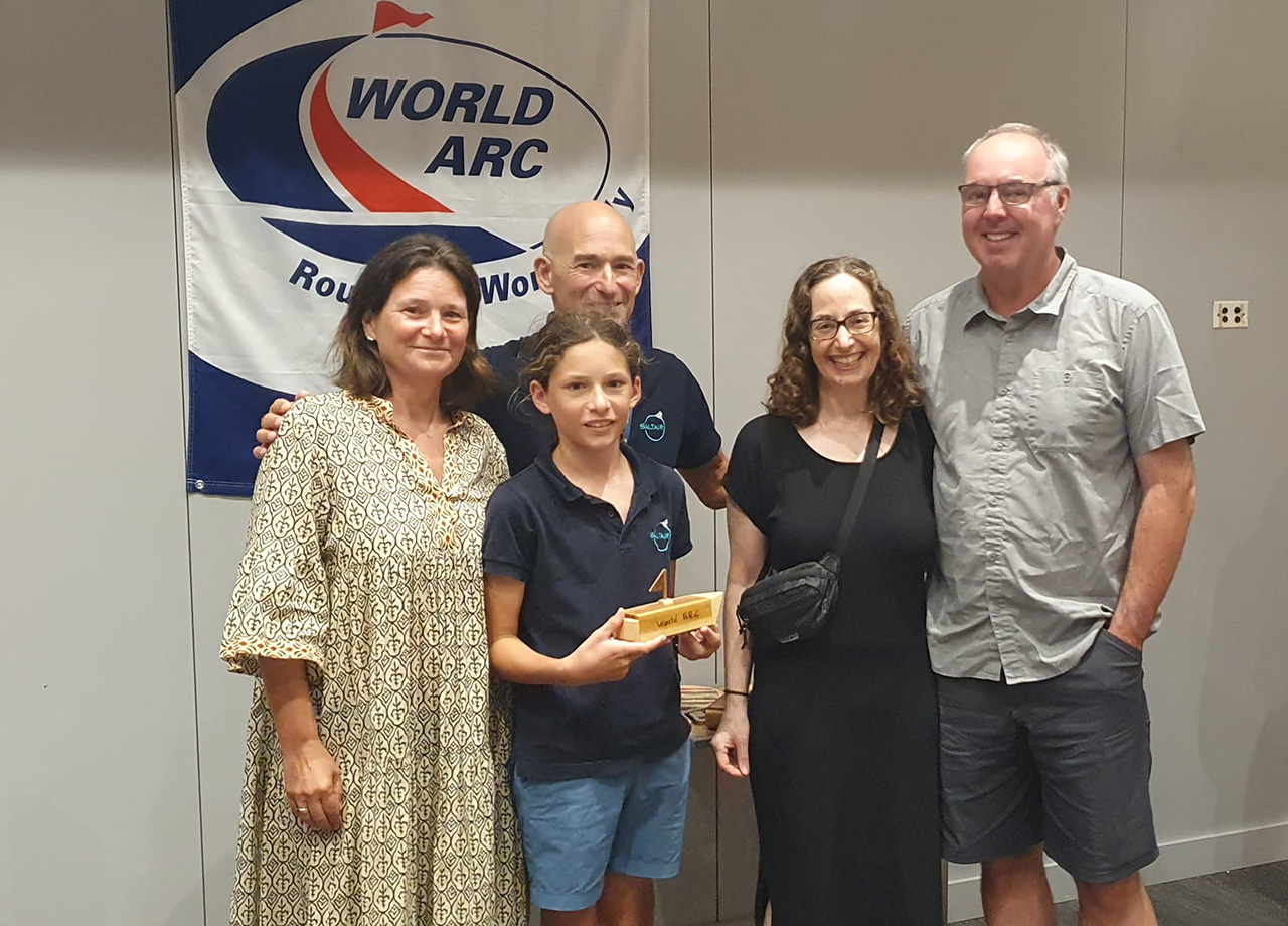 The family crew of yacht Saltair with a prize on World ARC 2025-26 in Santa Marta, Colombia