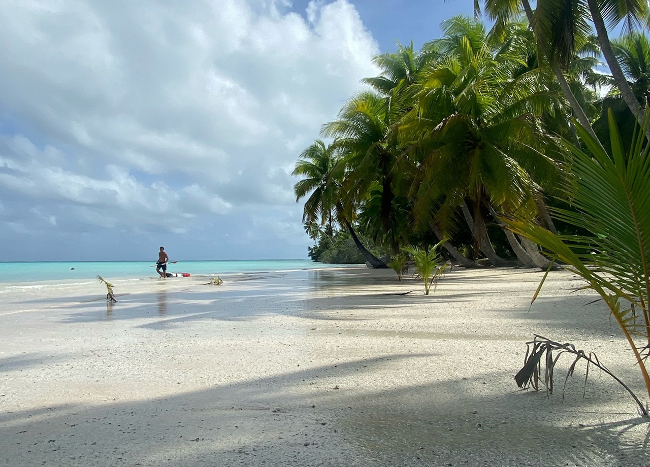 A man walks along a beautiful white sand beach fringed by palm trees on Makemo, French Polynesia