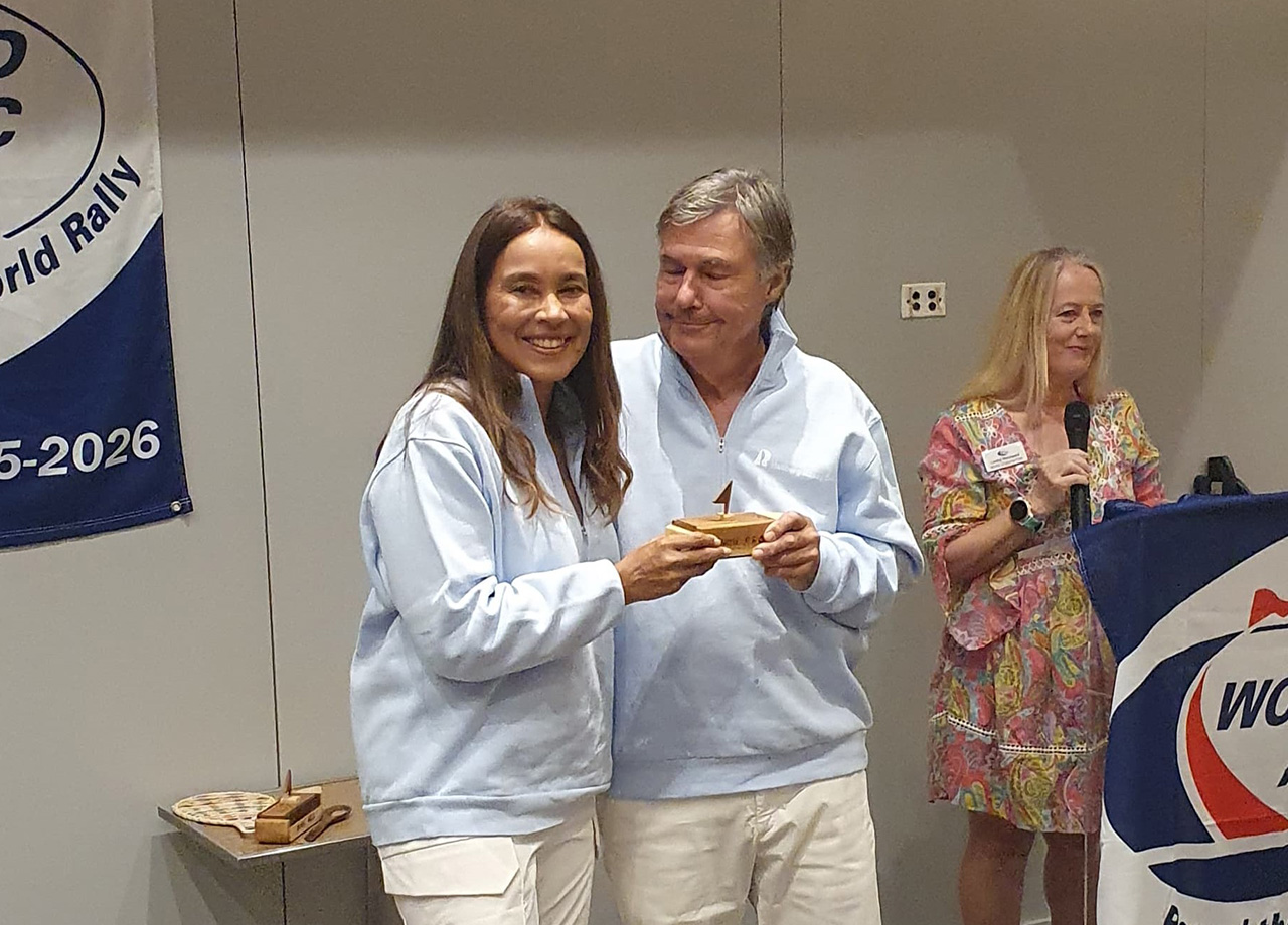 Father and daughter crew of German yacht Bluewater Mooney with a prize on World ARC 2025