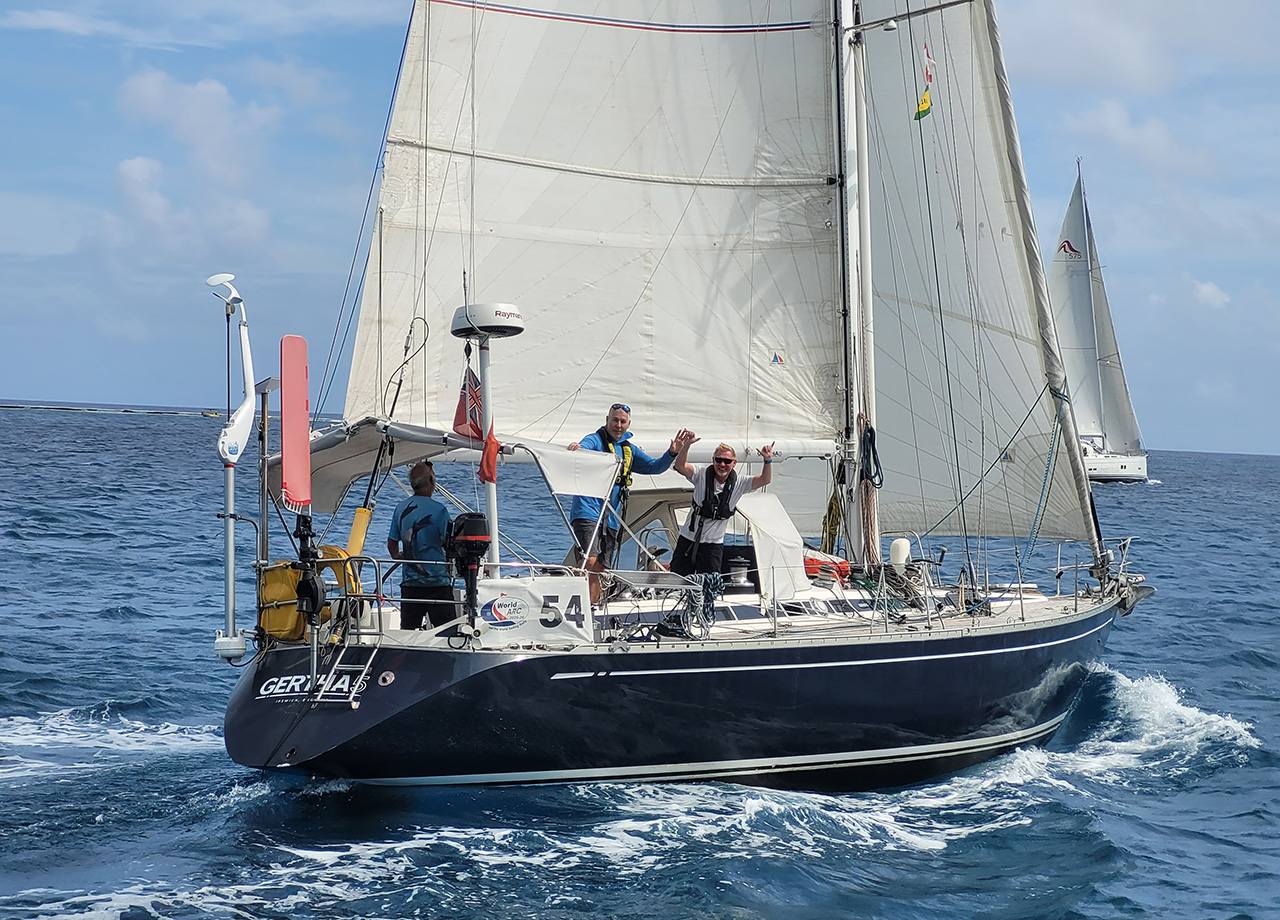 The blue Swan yacht Gertha 5 at the start of the World ARC leg from Bora Bora to Tonga