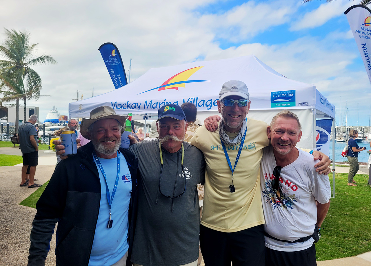 Sailors from yachts Altair, Gertha 5 and Salinity hug in Mackay during World ARC 2025