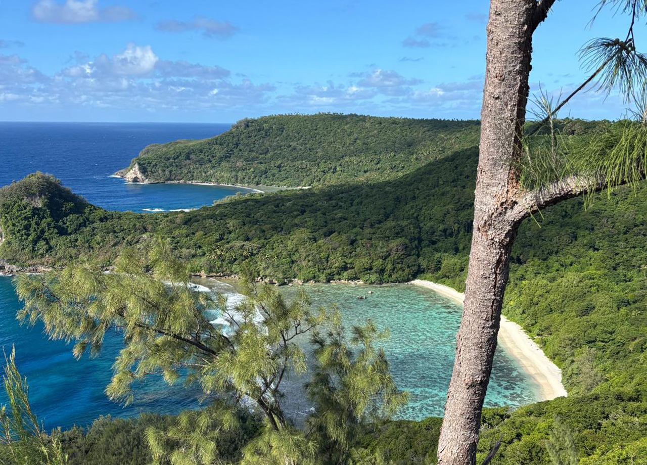 View down to a beautiful bay with a white sand beach, surrounded by wooded hills in Tonga